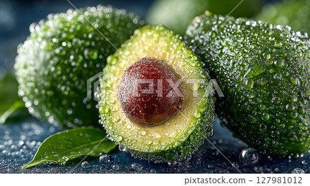 A close-up of fresh, ripe avocados covered in glistening water droplets, featuring a halved avocado showcasing its seed, on a dark reflective surface 127981012
