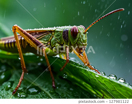 A colorful grasshopper standing on a wet green grass leaf during rain. 127981122