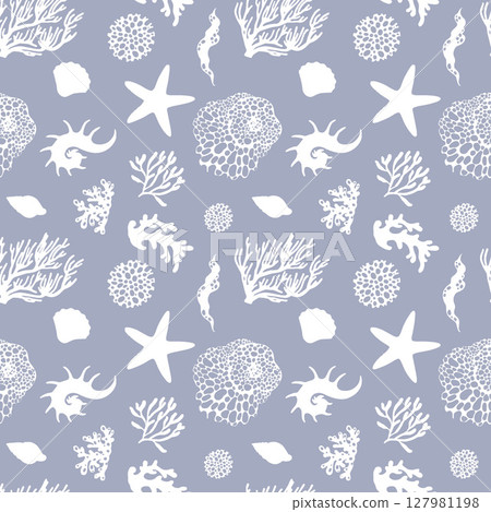 Seamless vector pattern with white silhouettes of seashells and corals on a blue background. Ideal for marine, ocean, and beach-themed designs. Perfect for textiles, wallpapers, and digital prints. Seamless vector pattern with white silhouettes of seashells and corals on a blue background. Ideal for marine, ocean, and beach-themed designs. Perfect for textiles, wallpapers, and digital prints. 127981198