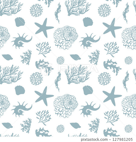 Seamless vector pattern featuring outlines of shells, corals, and marine life elements like starfish and nautilus. Perfect for ocean-themed designs, textiles, and wallpapers. Ideal for marine-inspired Seamless vector pattern featuring outlines of shells, corals, and marine life elements like starfish and nautilus. Perfect for ocean-themed designs, textiles, and wallpapers. Ideal for marine-inspired 127981205
