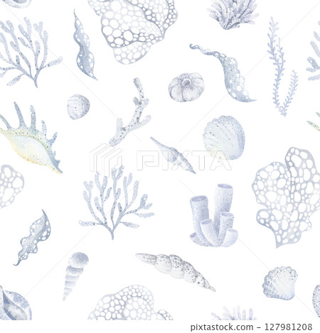 Seamless watercolor pattern features delicate, muted seashells and corals in soft tones. Ideal for coastal designs, textiles, or backgrounds it captures marine life with an abstract touch. 127981208