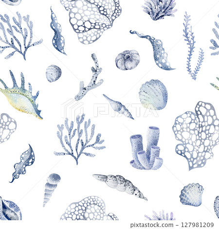 Seamless watercolor pattern featuring seashells and corals on a white background. Ideal for coastal, marine, and beach related designs. Perfect for textiles, wallpapers, and home decor. 127981209