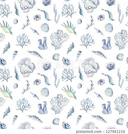 Seamless watercolor pattern featuring seashells and corals on a white background. Ideal for coastal, marine, and beach related designs. Perfect for textiles, wallpapers, and home decor. 127981210