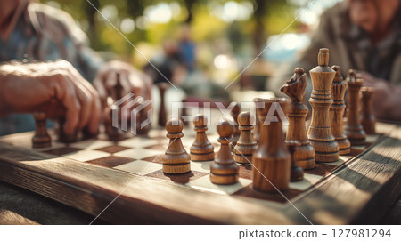 Elderly people engage in a strategic chess match at a sunny outdoor park Elderly people engage in a strategic chess match at a sunny outdoor park 127981294