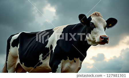 A striking Belted Galloway cow poses against a tumultuous stormy sky, showcasing its distinctive black and white coat. The scene evokes the essence of rural life and nature's drama. 127981301