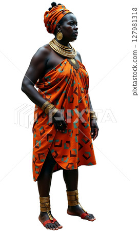 A Ndebele woman stands gracefully in Zimbabwe, adorned with multiple brass neck rings and vibrant geometric clothing. Her attire reflects cultural heritage and artistic expression. A Ndebele woman stands gracefully in Zimbabwe, adorned with multiple brass neck rings and vibrant geometric clothing. Her attire reflects cultural heritage and artistic expression. 127981318