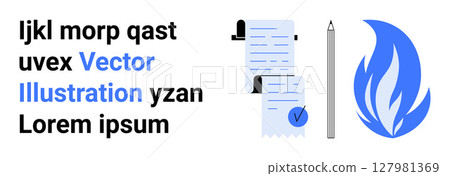 Text, documents with checkmark, pen, and flame in blue and white tones. Ideal for business, marketing, presentations, infographics, educational material, web design, and branding. Landing page Text, documents with checkmark, pen, and flame in blue and white tones. Ideal for business, marketing, presentations, infographics, educational material, web design, and branding. Landing page 127981369