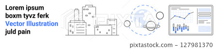 Urban buildings, planetary rings, connected dots, and data analytics in a minimalistic style. Ideal for technology, data analysis, urban development, space exploration, global connectivity Urban buildings, planetary rings, connected dots, and data analytics in a minimalistic style. Ideal for technology, data analysis, urban development, space exploration, global connectivity 127981370