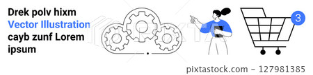 Shopping cart, three interconnected gears, and woman holding a clipboard. Ideal for e-commerce, online shopping, digital marketing, technology solutions, customer service, business strategy, project Shopping cart, three interconnected gears, and woman holding a clipboard. Ideal for e-commerce, online shopping, digital marketing, technology solutions, customer service, business strategy, project 127981385