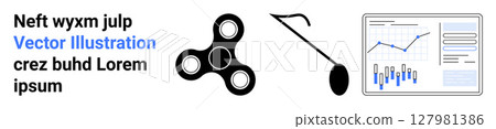 Fidget spinner, presentation pointer, and screen with graphs and charts. Ideal for productivity, focus, business, data analysis, presentations, modern workspace, stress relief. Landing page Fidget spinner, presentation pointer, and screen with graphs and charts. Ideal for productivity, focus, business, data analysis, presentations, modern workspace, stress relief. Landing page 127981386