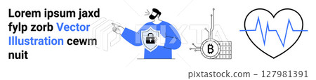 Man holding shield with lock symbol, Bitcoin cryptocurrency icon, and heartbeat line. Ideal for technology, cybersecurity, finance, fintech, blockchain, health, and medical themes. Landing page 127981391