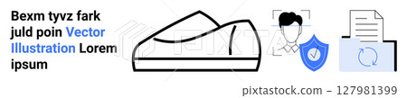 Shoe outline, face recognition icon, security shield, document with refresh icon. Ideal for fashion, technology, security, documentation, identity verification, data protection, and workflow Landing 127981399