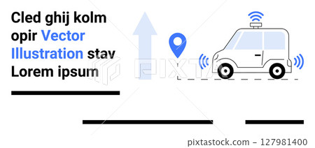 Self-driving car with sensors, GPS marker, and upward arrow symbolizing navigation and tech advancements. Ideal for tech, transportation, smart cities, innovation, GPS, autonomy, mobility. Landing Self-driving car with sensors, GPS marker, and upward arrow symbolizing navigation and tech advancements. Ideal for tech, transportation, smart cities, innovation, GPS, autonomy, mobility. Landing 127981400