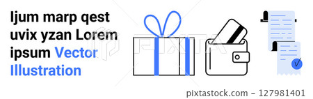 Gift box with blue ribbon, wallet with bank cards, documents with check marks. Ideal for e-commerce, finance, gift shops, mobile apps, websites, marketing, educational materials. Landing page Gift box with blue ribbon, wallet with bank cards, documents with check marks. Ideal for e-commerce, finance, gift shops, mobile apps, websites, marketing, educational materials. Landing page 127981401
