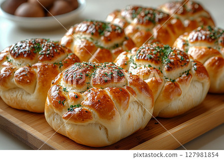Baked buns marketing. Variety of baked buns in on a wooden trading tray on a white background. 127981854