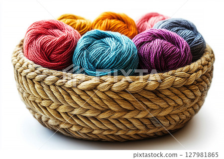 Handwork. Creative hobby. Vibrant yarns for knitting in a wicker basket on a white background. 127981865