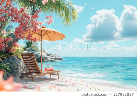 Retro-style. Mockup. Copy space. Umbrella and chairs set up on sand in beach of ocean. Retro-style. Mockup. Copy space. Umbrella and chairs set up on sand in beach of ocean. 127981887
