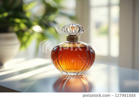 Perfume bottle with glossy on its glass surface, conveying elegance and sophistication. Ideal for high-end perfume advertisements. 127981888