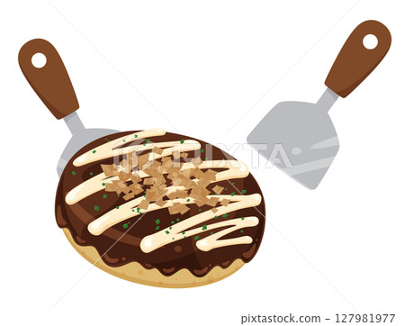 用鏟子翻動大阪燒的插圖 127981977