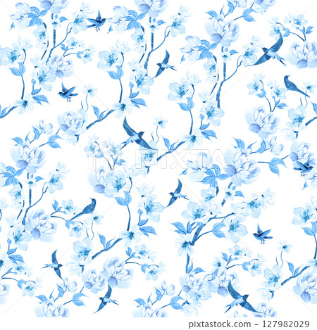Chinoiserie floral seamless pattern with birds and flowers. Chinoiserie floral seamless pattern with birds and flowers. 127982029