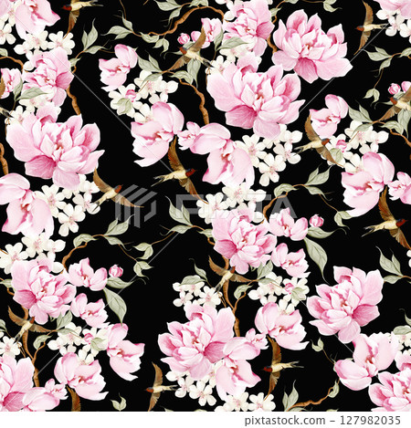 Chinoiserie floral seamless pattern with birds and flowers. 127982035