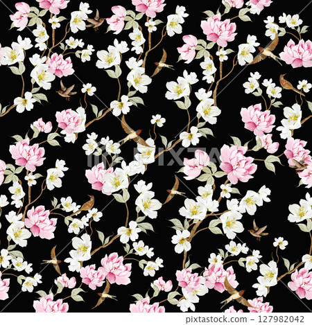 Chinoiserie floral seamless pattern with birds and flowers. 127982042
