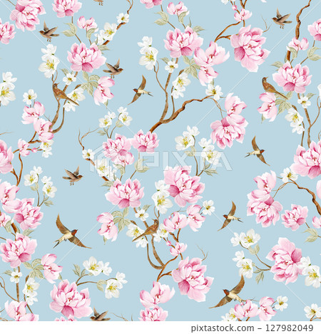 Chinoiserie floral seamless pattern with birds and flowers. Chinoiserie floral seamless pattern with birds and flowers. 127982049