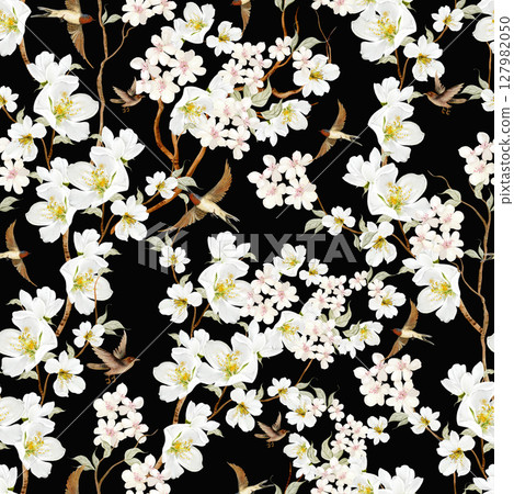 Chinoiserie floral seamless pattern with birds and flowers. Chinoiserie floral seamless pattern with birds and flowers. 127982050