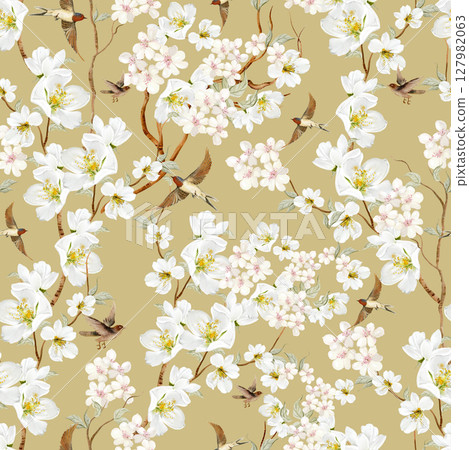 Chinoiserie floral seamless pattern with birds and flowers. 127982063