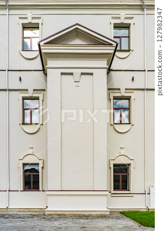 Modern buildings with big glass windows black and white small trees, good neighborhood, modern city, suburb. Modern buildings with big glass windows black and white small trees, good neighborhood, modern city, suburb. 127982347