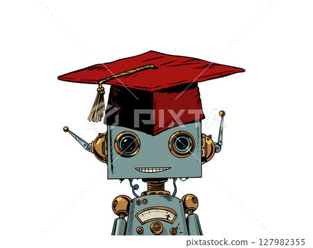 Teaching AI knowledge. Robot in a student's hat, professor's hat. Red diploma and competition with artificial intelligence. Teaching AI knowledge. Robot in a student's hat, professor's hat. Red diploma and competition with artificial intelligence. 127982355