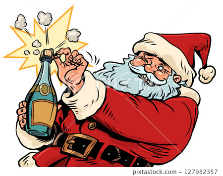 Santa Claus opens champagne. Celebrating New Year and Christmas. Explosive discounts for gifts for the coming New Year. 127982357