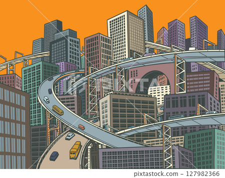 Megapolis city with many roads high. Urbanism is a modern problem. Sale of real estate and tourist trips to the capitals of the world. 127982366