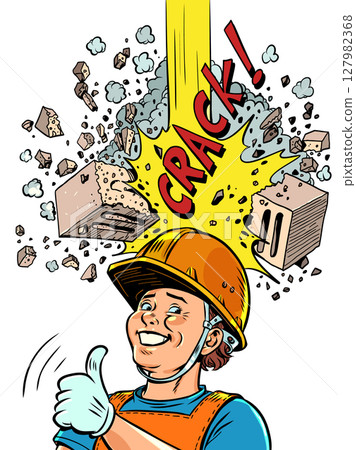 Helmet saves worker from brick. Safety at enterprises and construction sites. Reliable protection from unexpected problems. Helmet saves worker from brick. Safety at enterprises and construction sites. Reliable protection from unexpected problems. 127982368