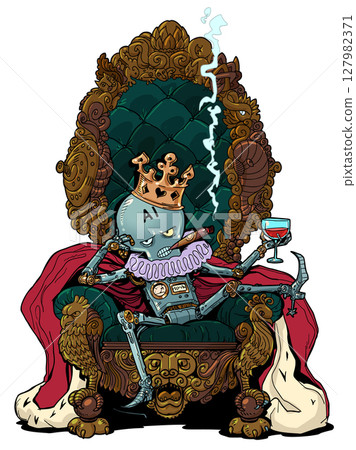 Machine power over humanity. Majestic AI and its abilities. Artificial intelligence sits on the throne with wine and a cigar. Machine power over humanity. Majestic AI and its abilities. Artificial intelligence sits on the throne with wine and a cigar. 127982371