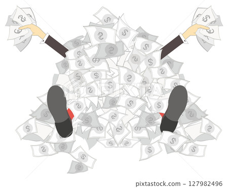 Success in business. Rich man. Lottery. Happy businessman with money in both hands lies under the huge pile of money. Business concept illustration Success in business. Rich man. Lottery. Happy businessman with money in both hands lies under the huge pile of money. Business concept illustration 127982496