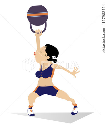 Sportsperson. Weightlifter. Kettlebell. Strong young woman does exercises with the heavy sports kettlebell	 127982524