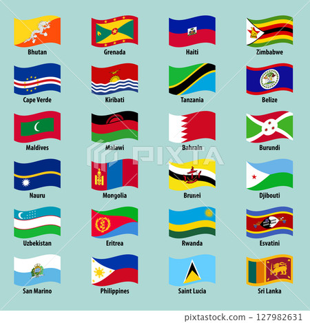 Collection of national waving flags of countries on a bright background Collection of national waving flags of countries on a bright background 127982631
