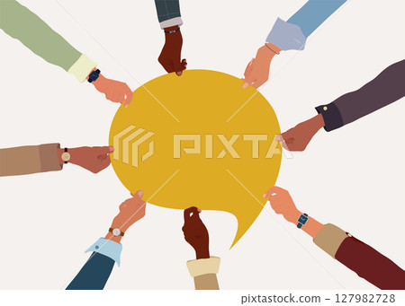 Team agreement and business collaboration with diverse hands around a speech bubble Team agreement and business collaboration with diverse hands around a speech bubble 127982728