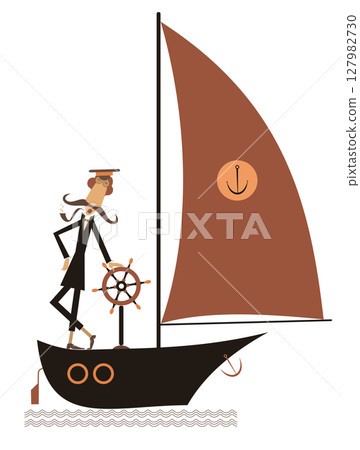 Brave captain sails of the yacht. Sailing boat. Funny brave captain sails the yacht and smokes a pipe Brave captain sails of the yacht. Sailing boat. Funny brave captain sails the yacht and smokes a pipe 127982730