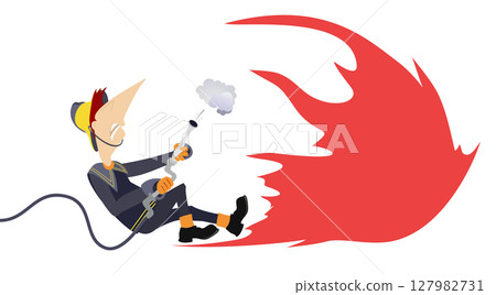 Fireman. Firefighter in action. Firefighter with hose trying to stop the fire Fireman. Firefighter in action. Firefighter with hose trying to stop the fire 127982731