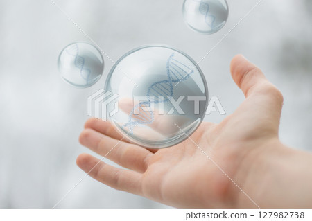 Hand holding a bubble with DNA structure inside Hand holding a bubble with DNA structure inside 127982738