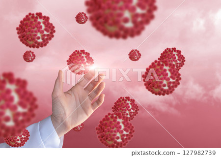Hand reaching out to floating viruses 127982739