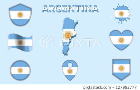 Collection of flat national flags of Argentina with map 127982777