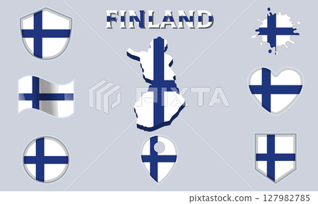 Collection of flat national flags of Finland with map 127982785