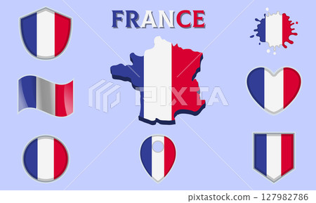 Collection of flat national flags of France with map 127982786