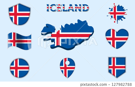 Collection of flat national flags of Iceland with map 127982788