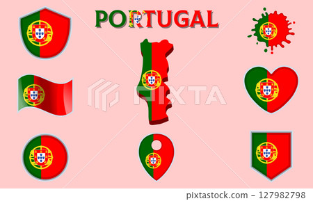 Collection of flat national flags of Portugal with map Collection of flat national flags of Portugal with map 127982798