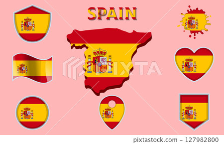 Collection of flat national flags of Spain with map Collection of flat national flags of Spain with map 127982800