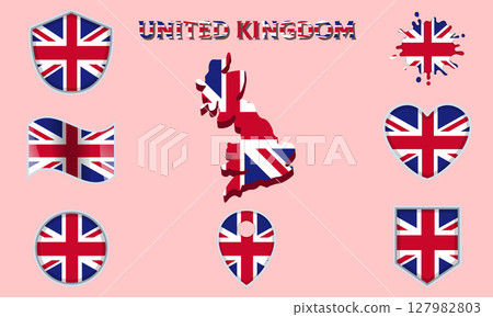 Collection of flat national flags of United Kingdom with map Collection of flat national flags of United Kingdom with map 127982803